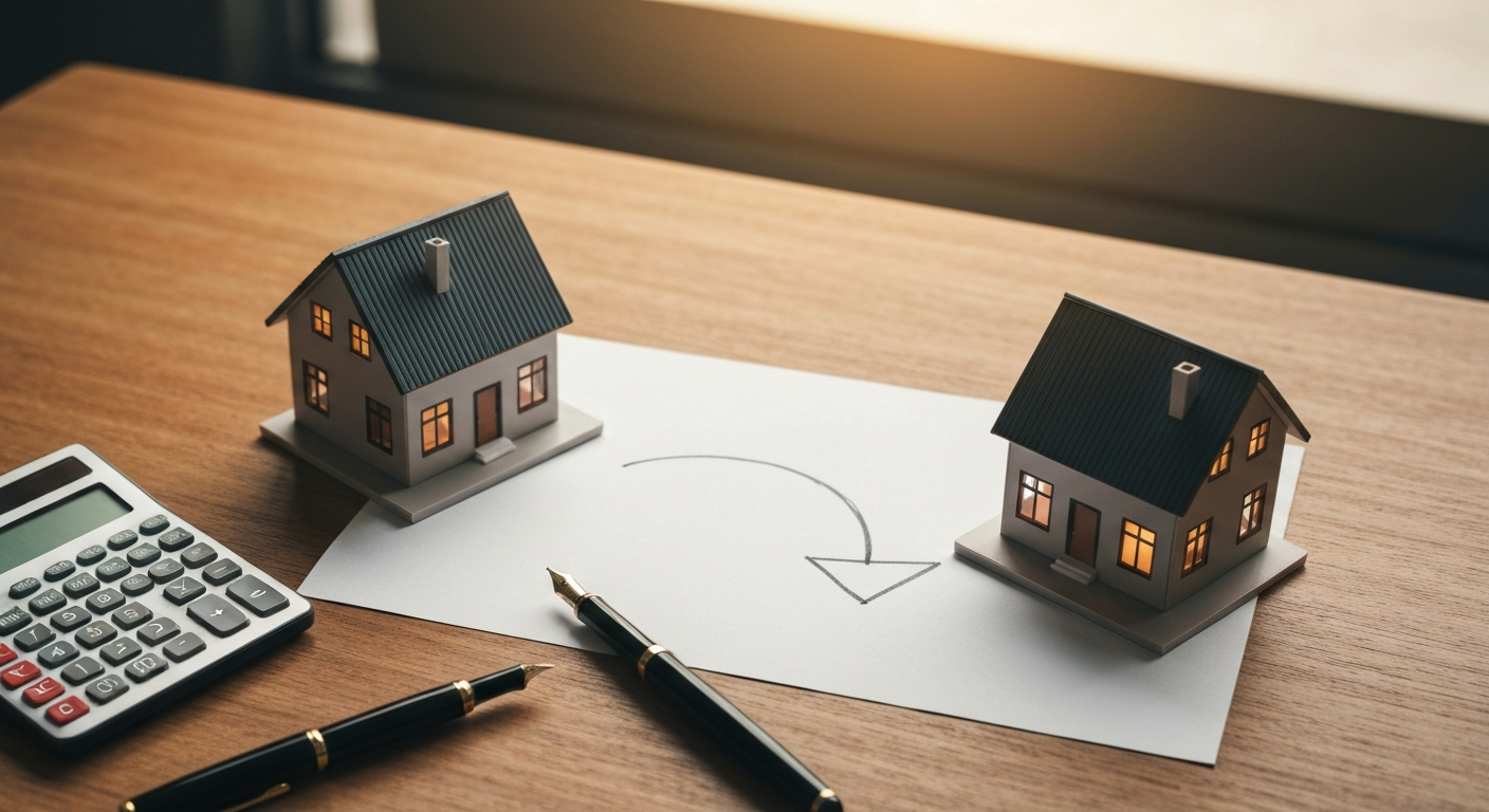 Two model homes on a desk with a curved exchange arrow drawn between them