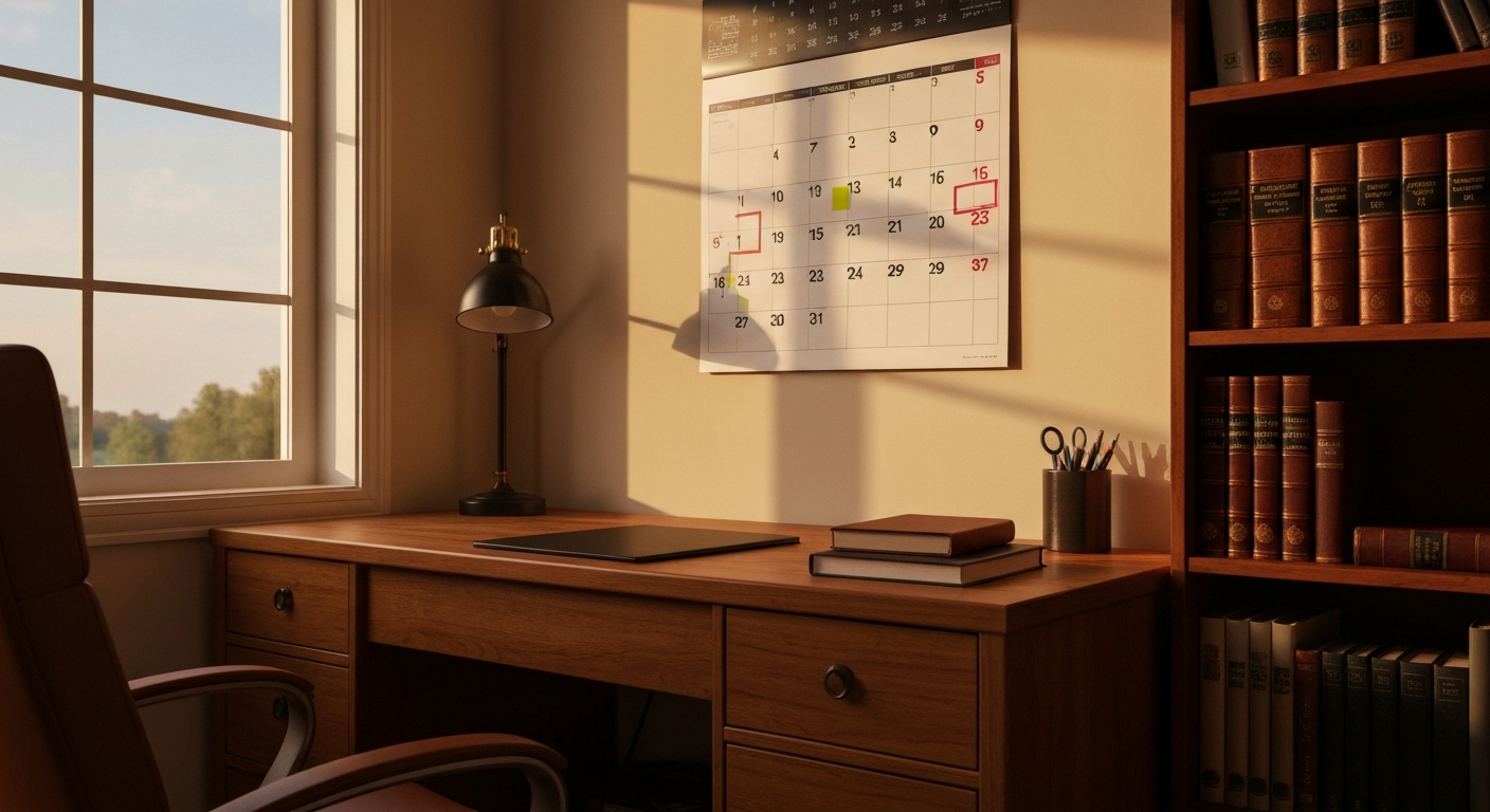 Investor's home office with a wooden desk a calendar and a bookshelf in warm afternoon light