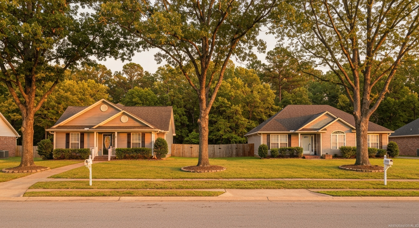 Two similar single-family rental homes on a tree-lined Southeastern street at golden hour