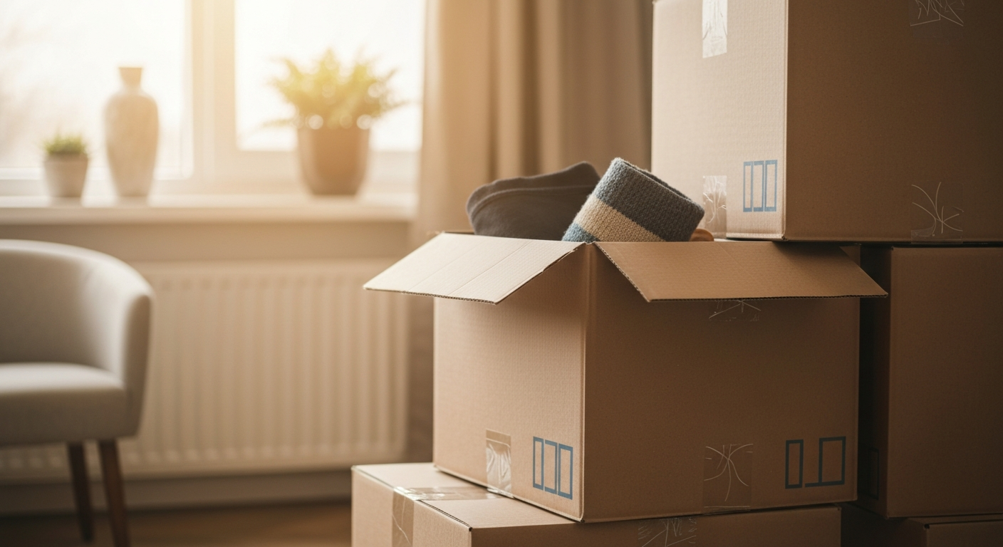 Moving box with a house key and a checklist on a hardwood floor in warm afternoon light