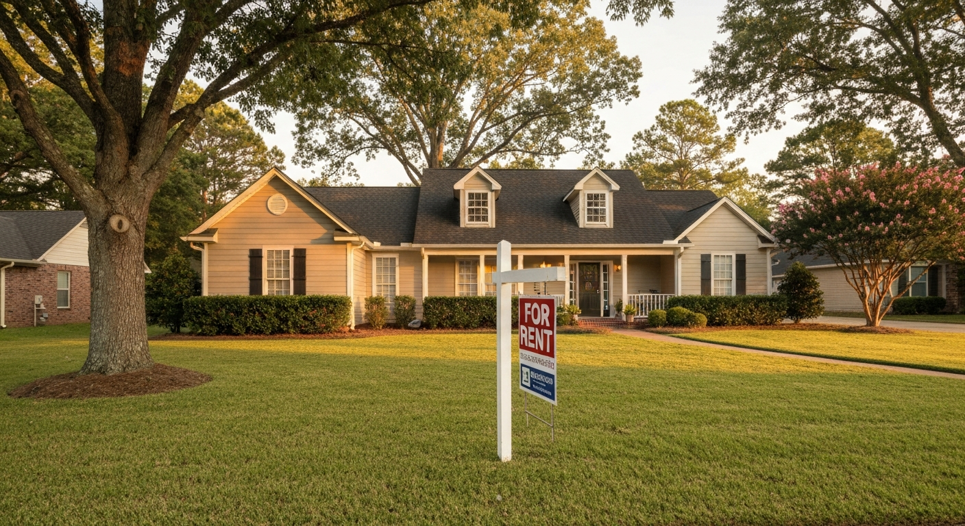 Single-family Southern home with a blank for-rent sign in the front yard at golden hour