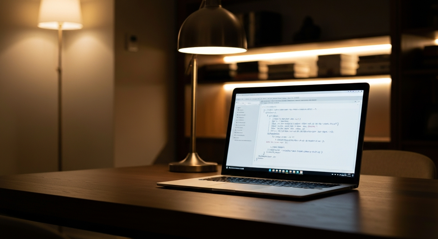 Laptop displaying a clean financial chart on a wooden desk with warm window light and no visible text