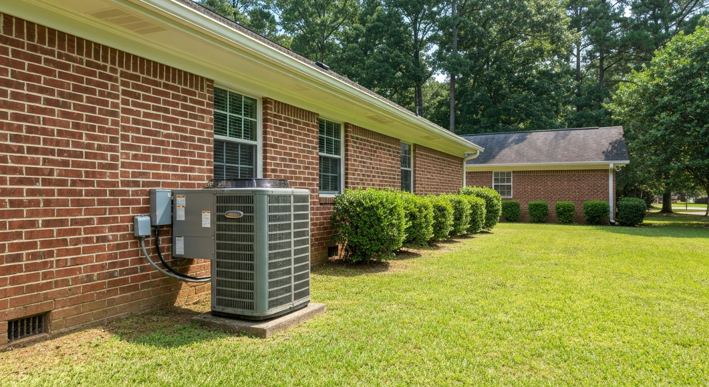 Outdoor HVAC condenser unit beside a well-maintained brick ranch home with lush green summer lawn in warm sunlight