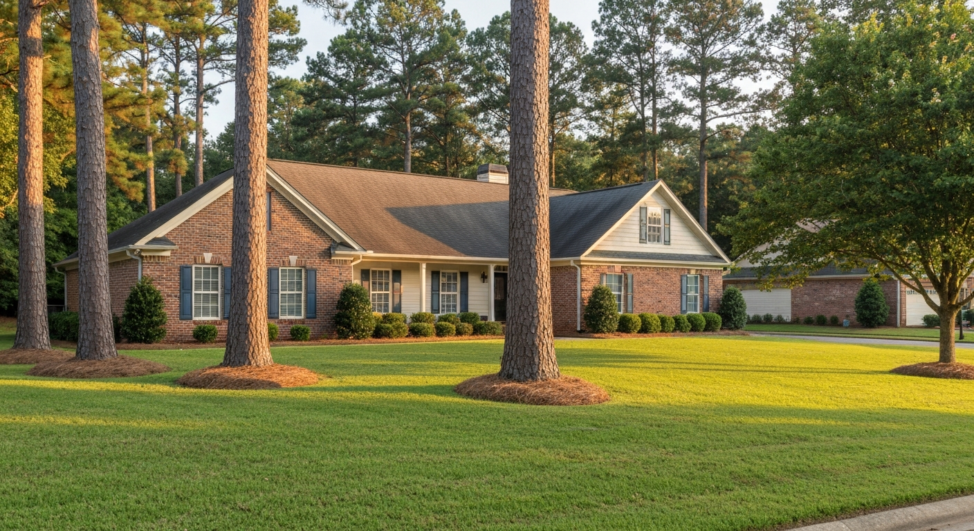 Tree-lined Evans Georgia residential street with brick ranch homes bathed in warm late-afternoon summer light