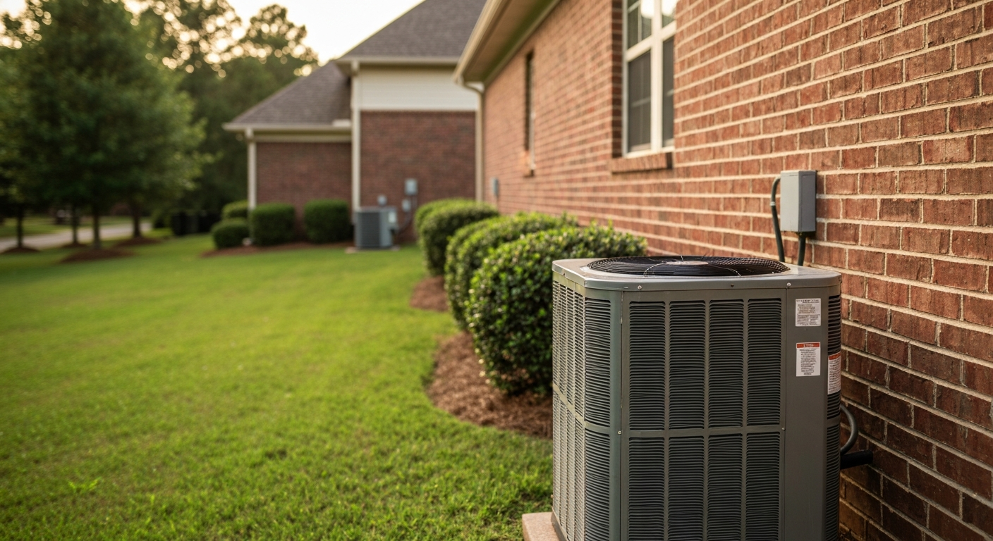 Outdoor HVAC condenser unit beside a brick Columbia County Georgia rental home on a summer afternoon