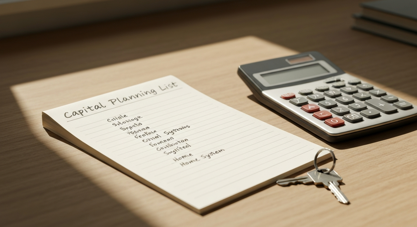 Legal notepad with a capital planning list beside a calculator and house key on a warm wooden desk