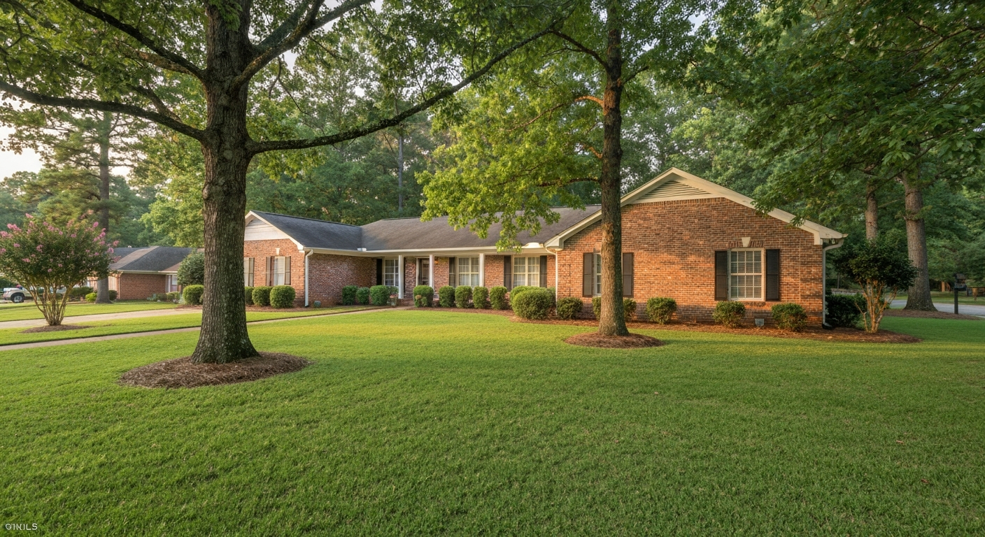 Well-maintained brick ranch home on a tree-lined residential street in Evans, Georgia in warm late-afternoon golden light