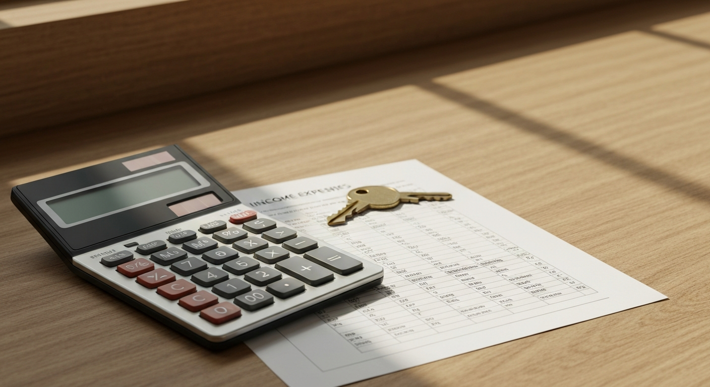 Calculator, rental income spreadsheet, and house keys on a wooden desk, warm natural window light