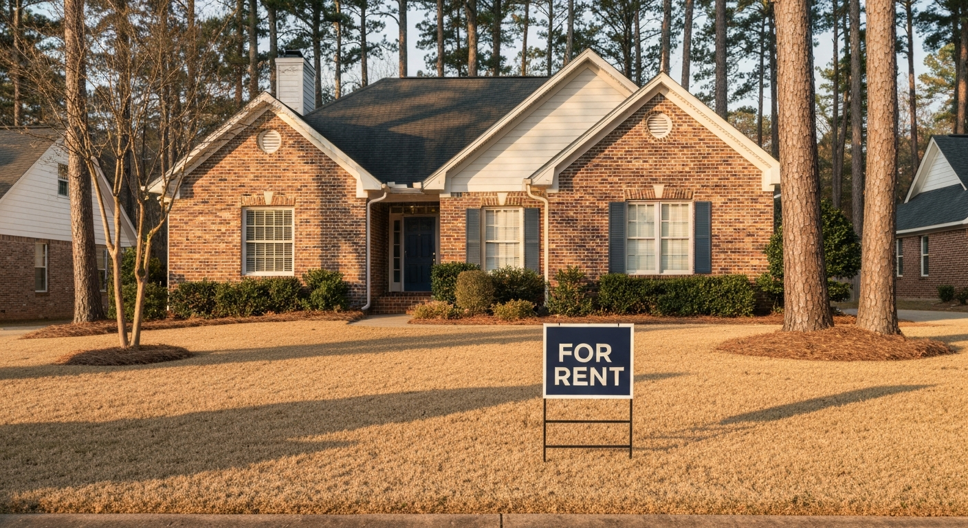 Brick ranch home in Evans Georgia with a for-rent sign on a manicured front yard at late-afternoon golden hour