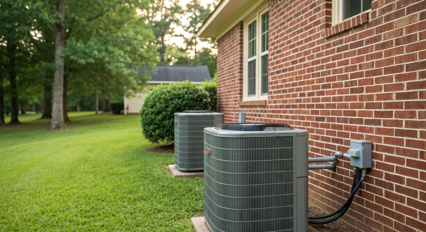 Outdoor HVAC condenser unit beside a brick home with a manicured green lawn in summer afternoon light