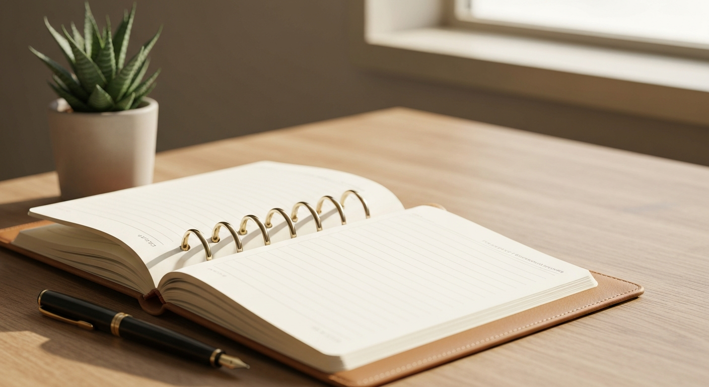 Neat wooden desk with a landlord maintenance ledger notebook and fountain pen beside a small potted plant in warm morning light