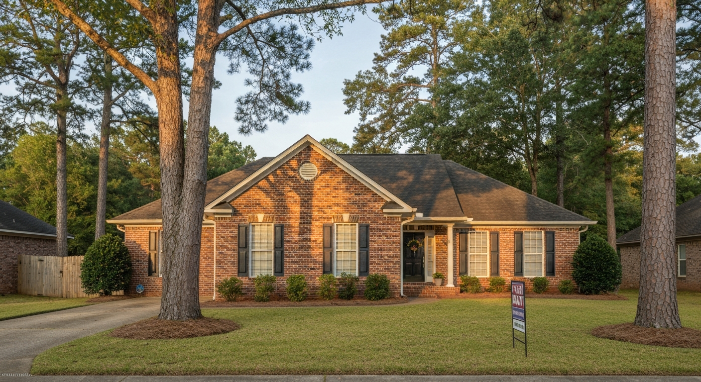 Well-maintained brick ranch home in Evans Georgia on a summer afternoon with golden late-day light on the facade