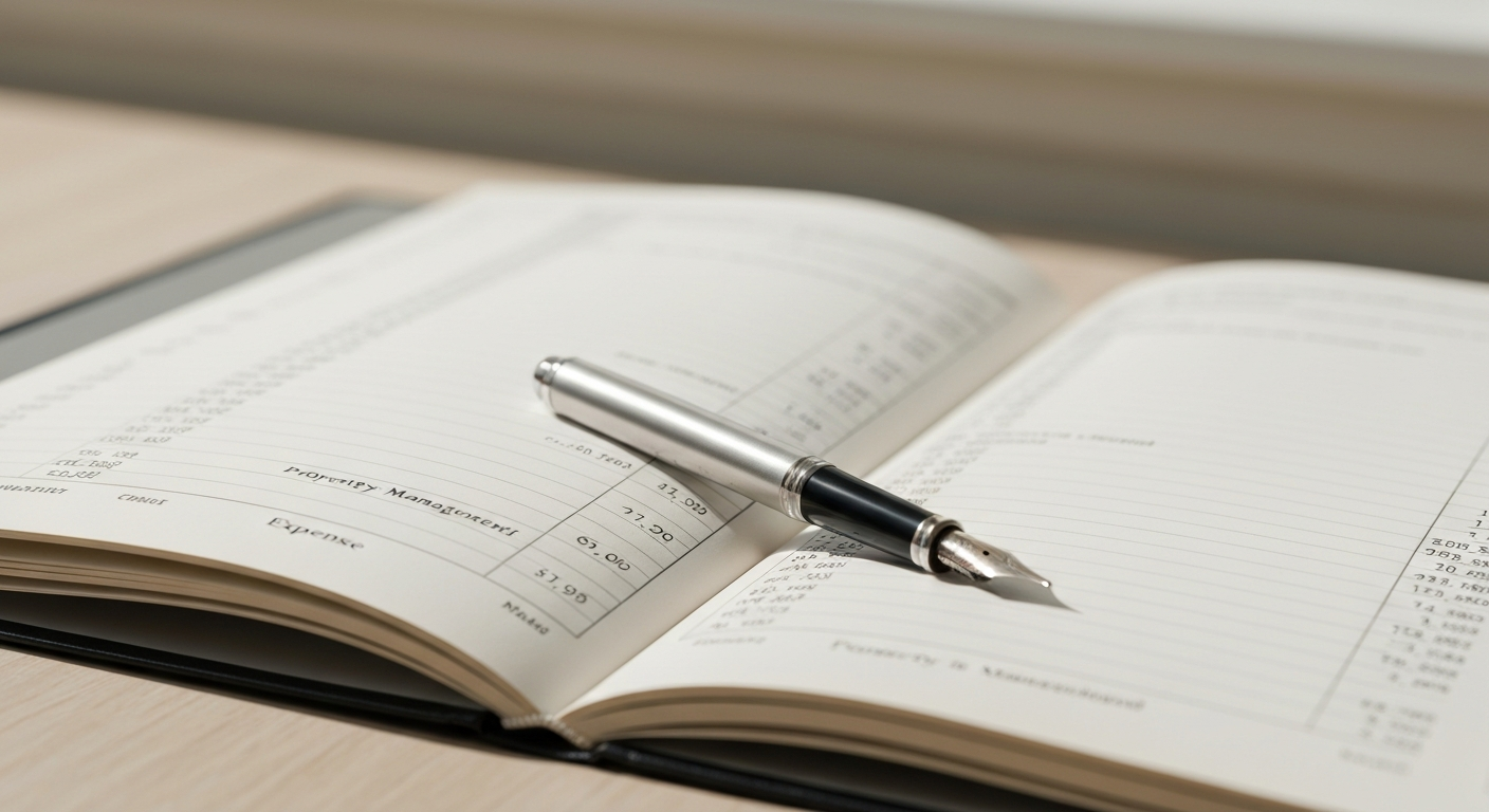 Open property management ledger book with a fountain pen and financial calculations on a wooden desk in natural light