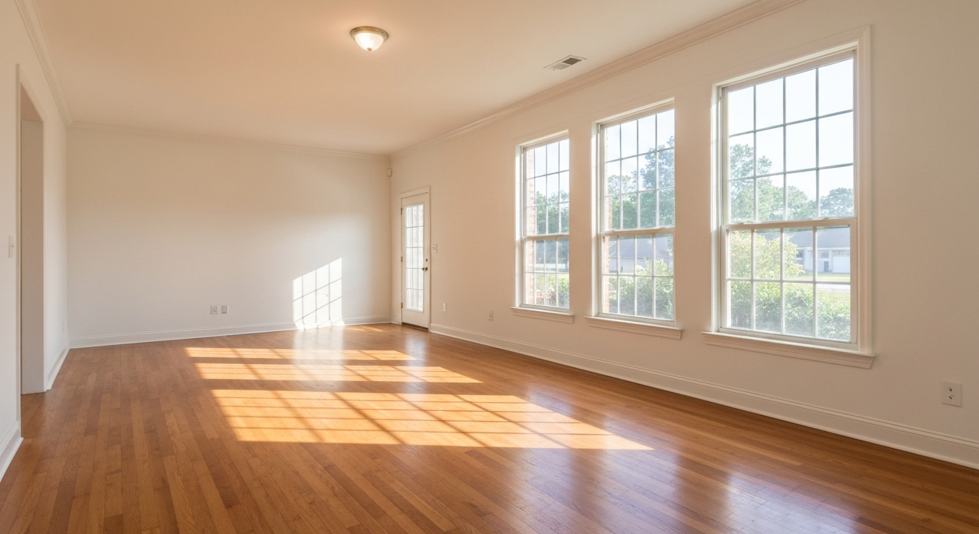 Empty freshly painted single-family home living room with hardwood floors and afternoon light through windows