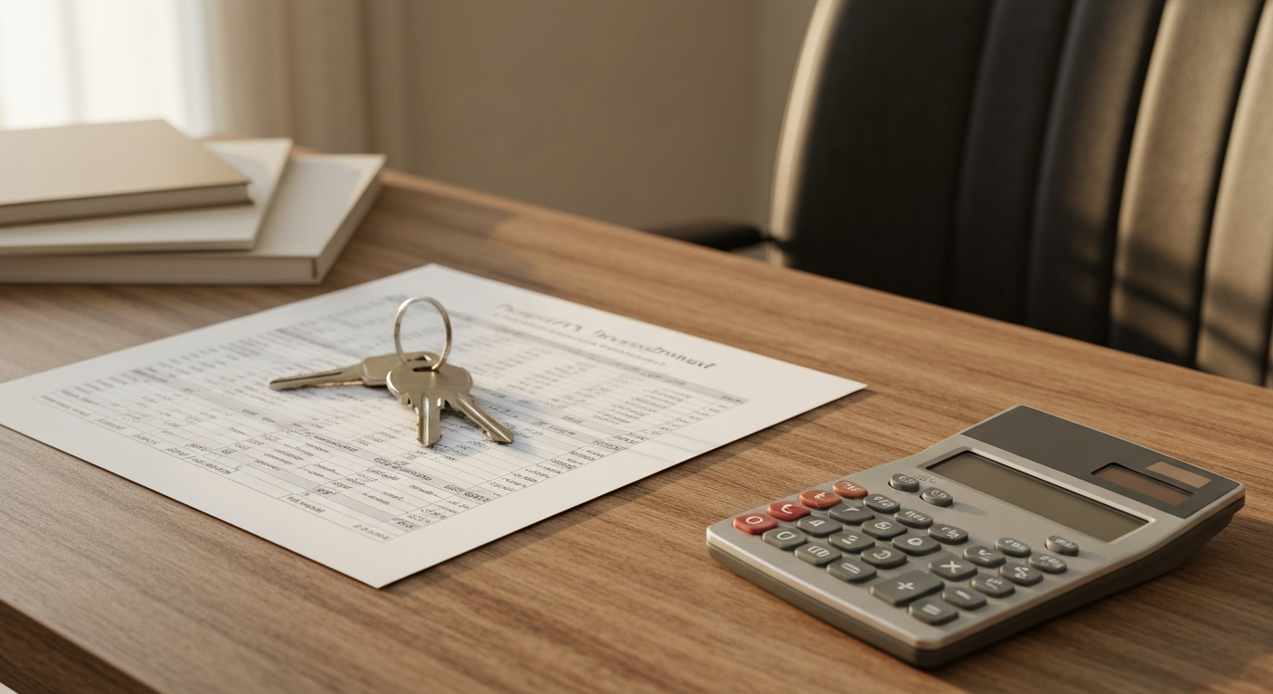 Clean home office desk with a financial spreadsheet, calculator, and house keys in warm late-afternoon natural light in a Georgia home