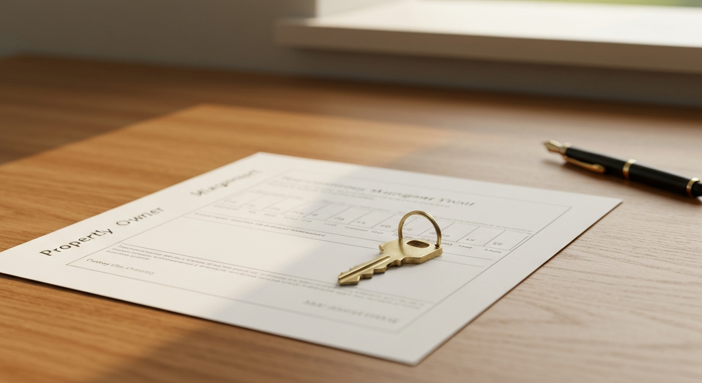 Property management monthly statement and house keys on a clean wooden desk in warm window light