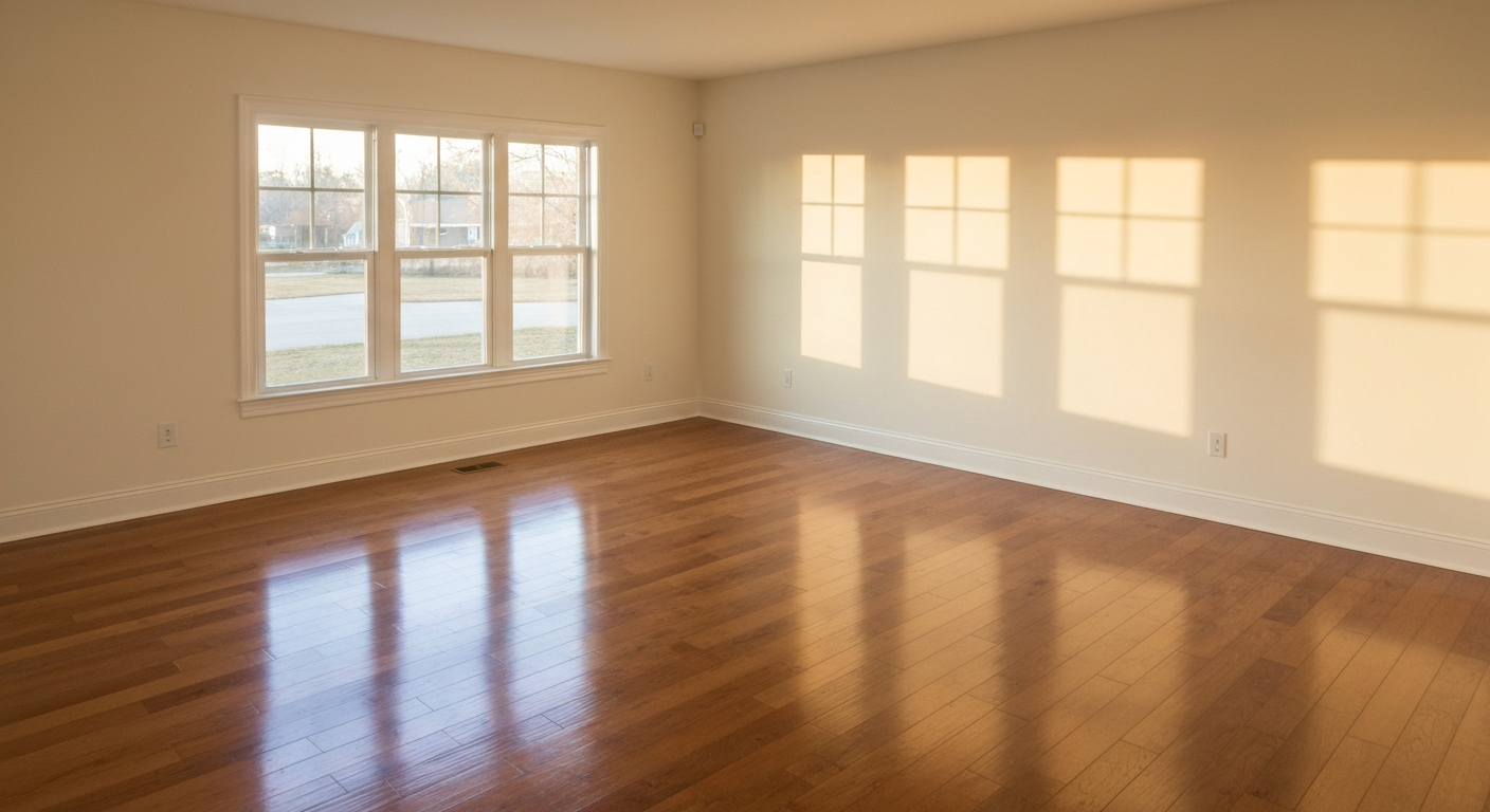 Empty freshly painted rental living room with hardwood floors and natural afternoon light through large windows