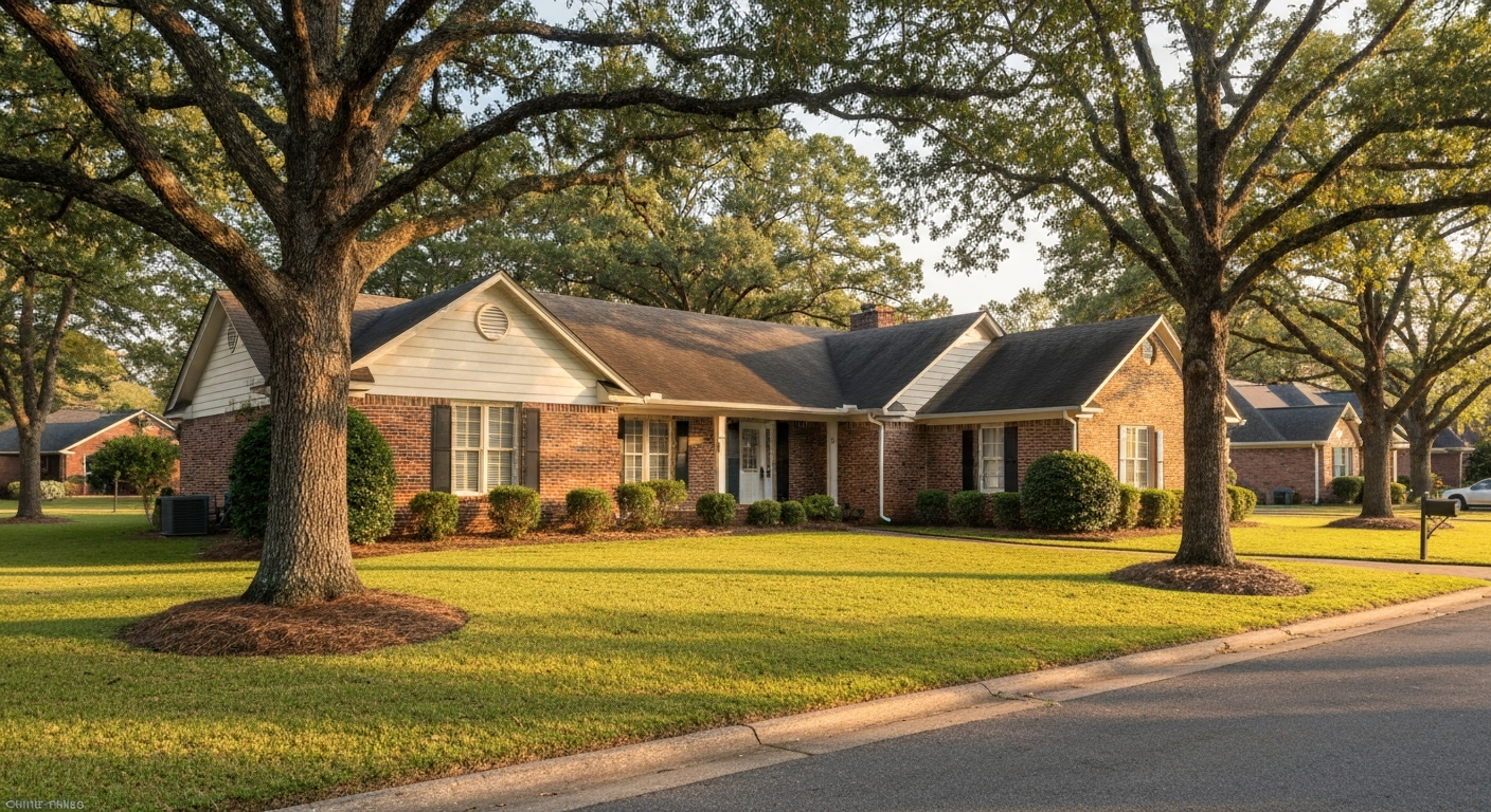 Established brick ranch home on a tree-lined Evans Georgia residential street in late-afternoon golden hour light