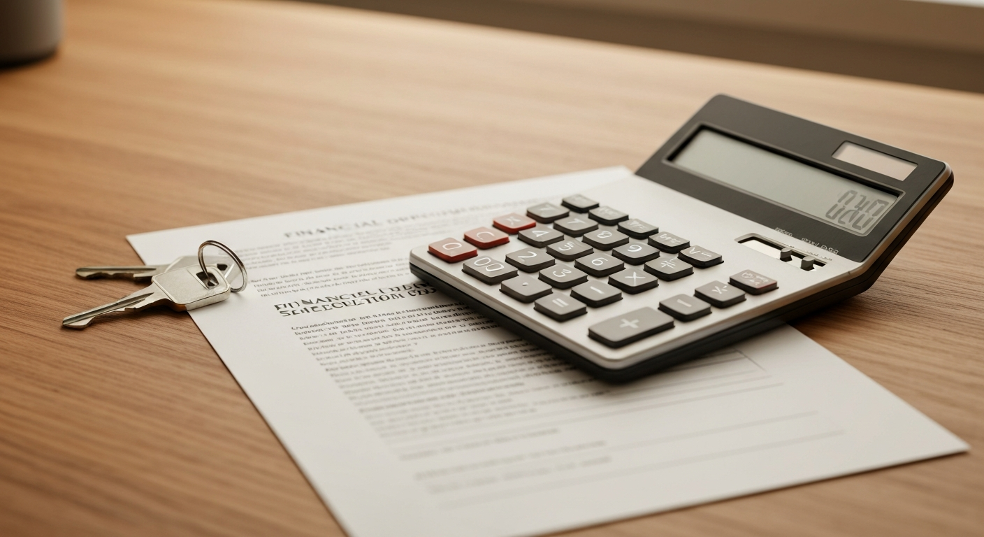 Calculator and depreciation schedule printout on a clean wooden desk beside a small set of house keys
