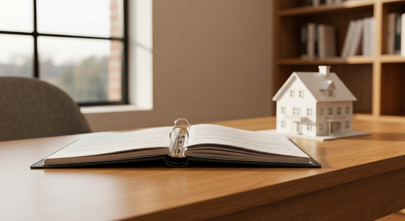 Open estate planning binder and a small architectural house model on a wooden desk in warm afternoon light