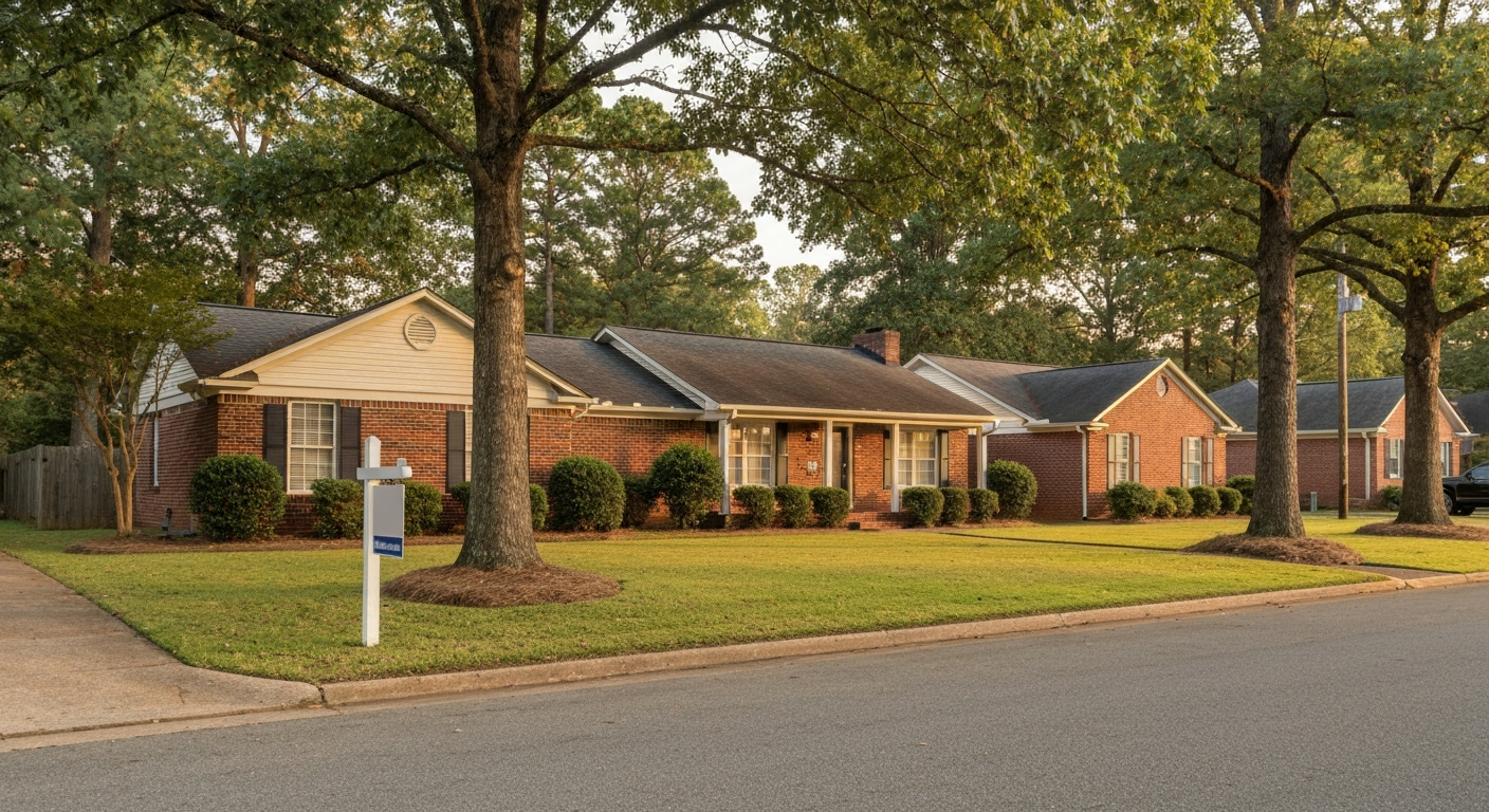 Well-maintained brick ranch home in Evans Georgia with a yard sign in warm late-afternoon light