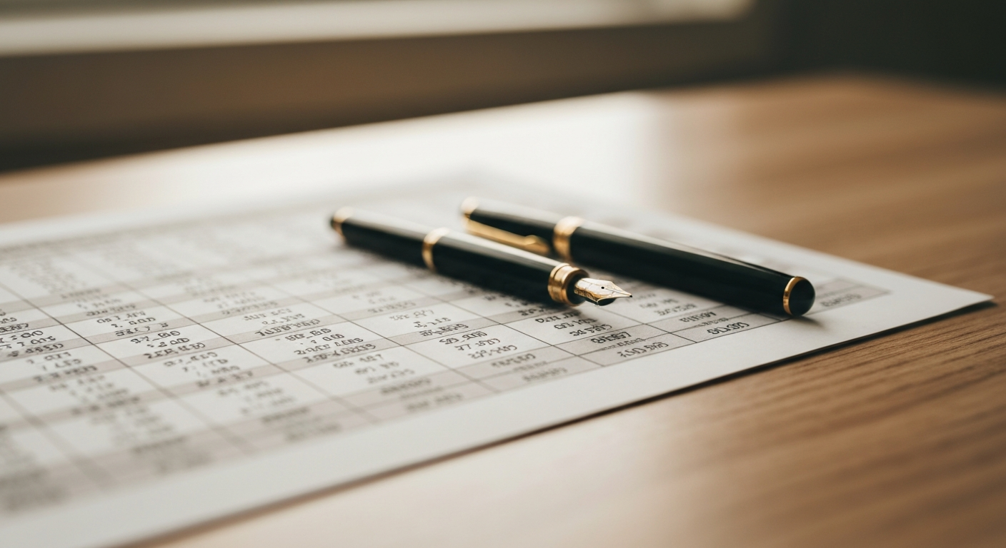 Real estate investment spreadsheet and pen on a clean wooden desk in warm natural window light