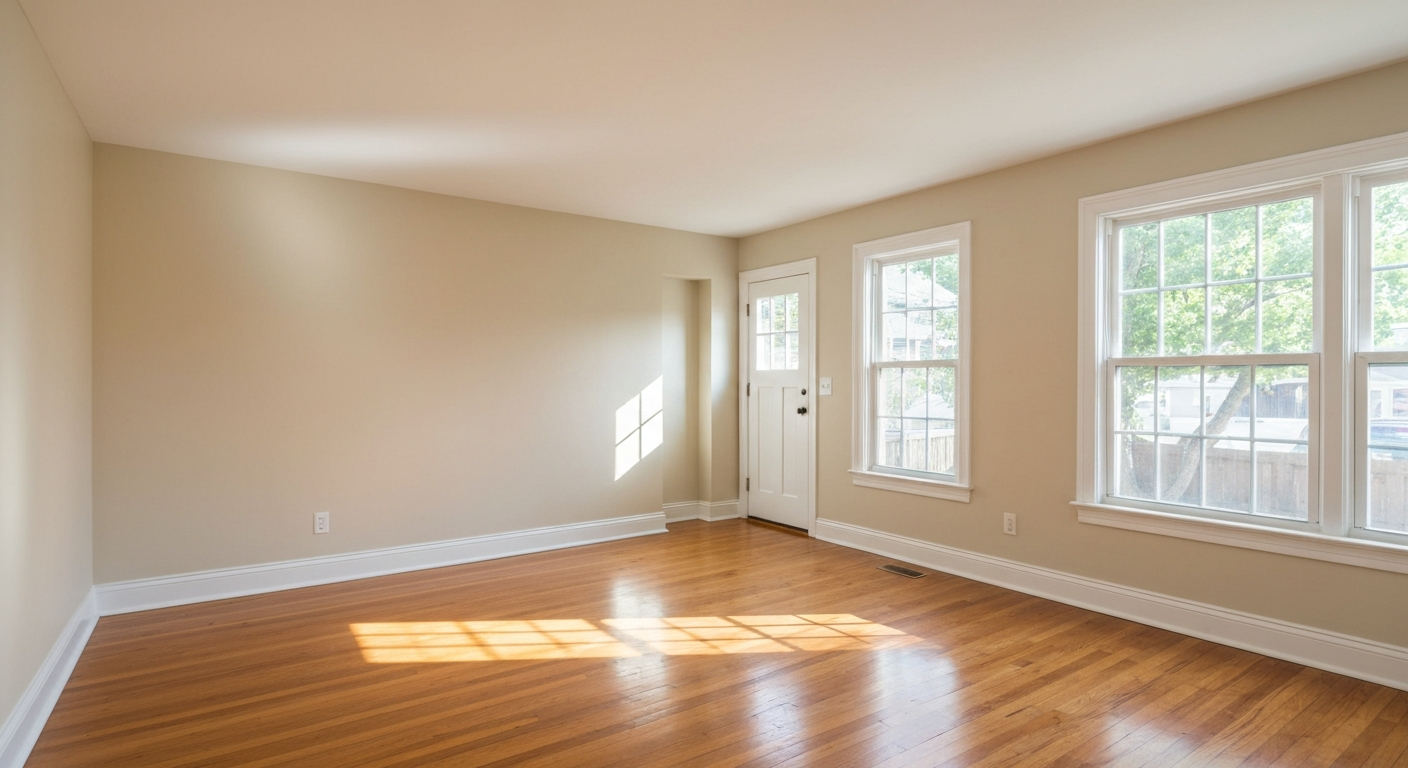 Clean empty living room interior of a Georgia rental home with hardwood floors and afternoon sunlight through windows