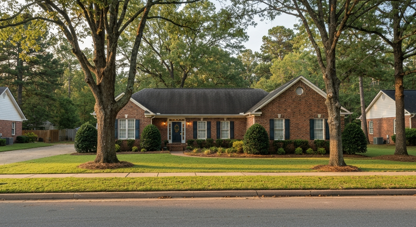 Wide view of a brick ranch home on a quiet tree-lined Evans Georgia residential street in late-afternoon golden light