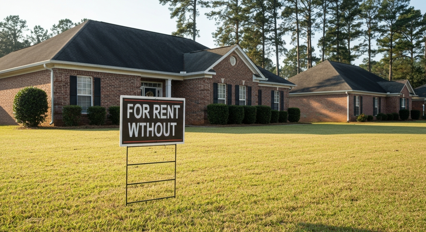 Close-up of a 'For Rent' sign on a manicured front yard of a brick home near Fort Gordon Grovetown Georgia
