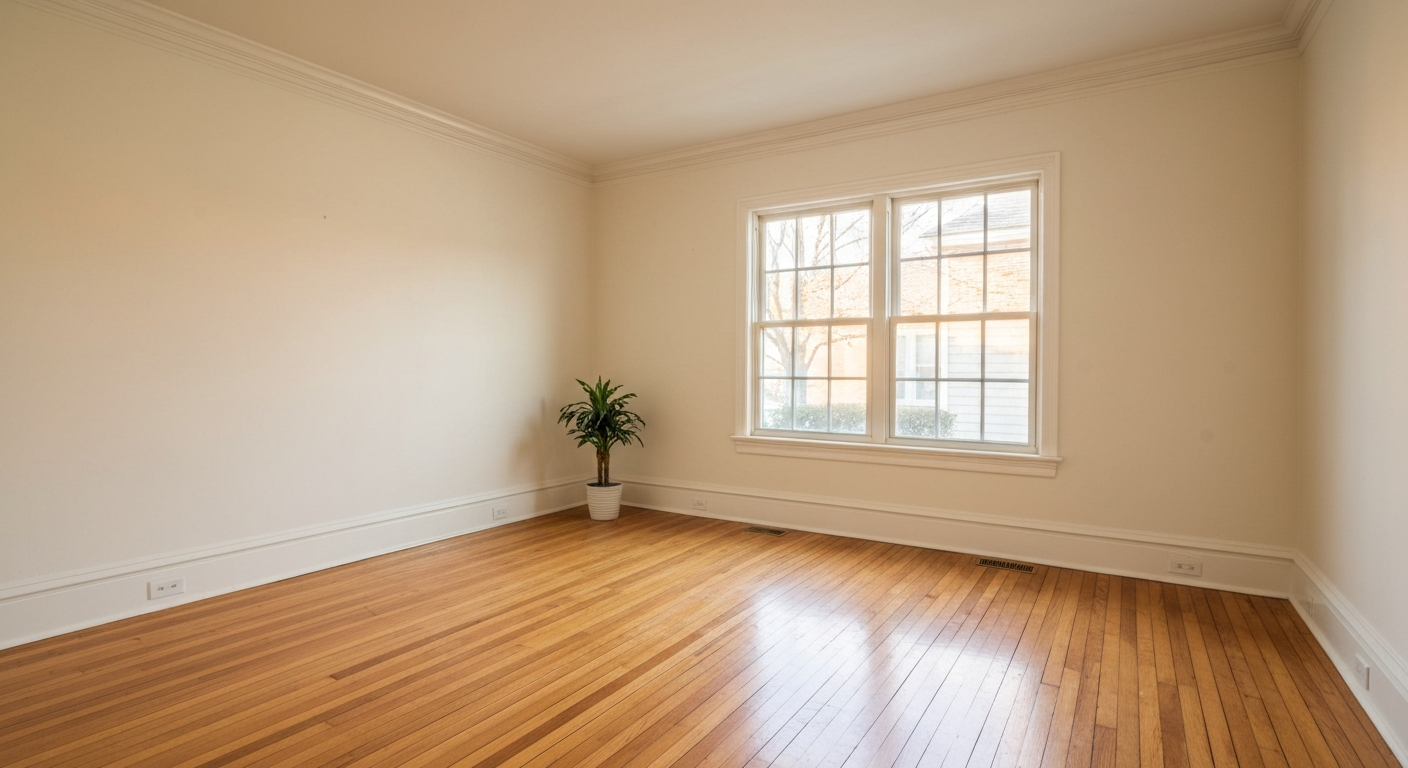 Freshly painted empty interior living room with hardwood floors and natural light showing move-in ready rental condition