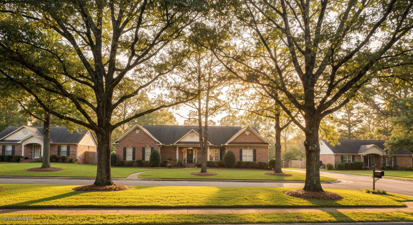 Tree-lined residential street in Evans Georgia with brick ranch homes under warm late-afternoon sunlight, Columbia County suburb