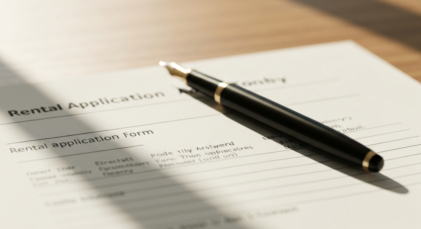 Close-up of a rental application form on a wooden desk with a fountain pen resting on it, warm natural light, no readable text