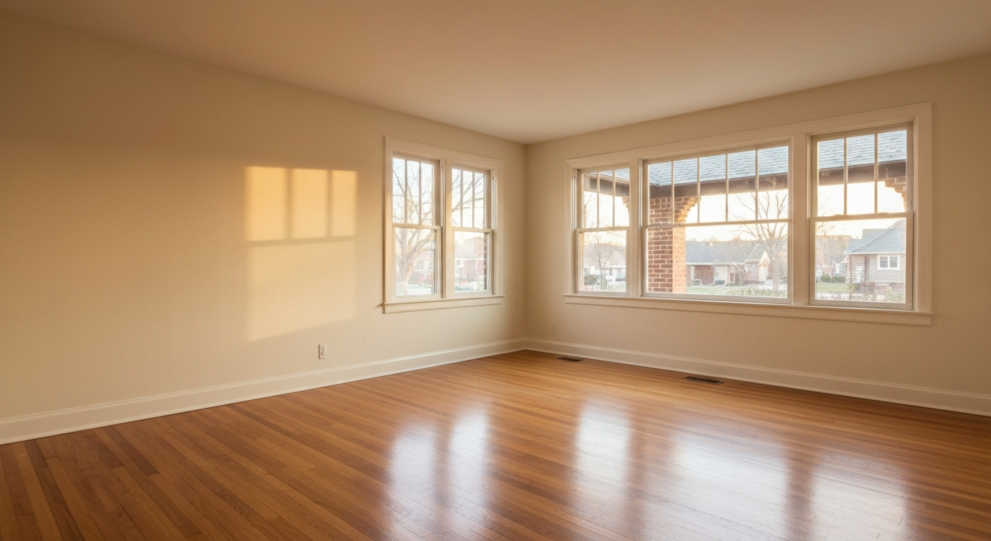 Empty freshly-painted living room interior with hardwood floors and natural light through windows, move-in ready rental home in the CSRA