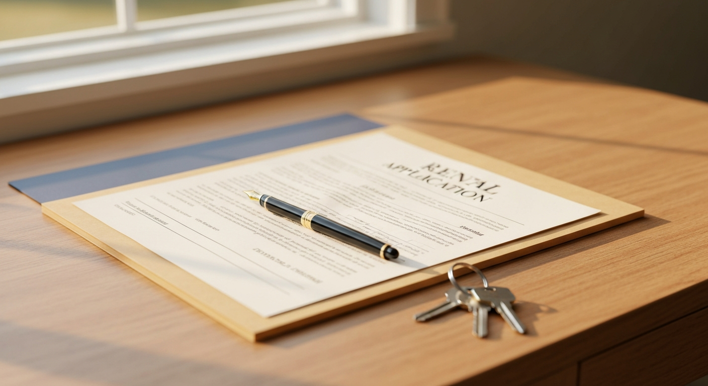 Clean wooden desk with a rental application folder, fountain pen, and house keys in warm late-afternoon light, Augusta Georgia property management setting