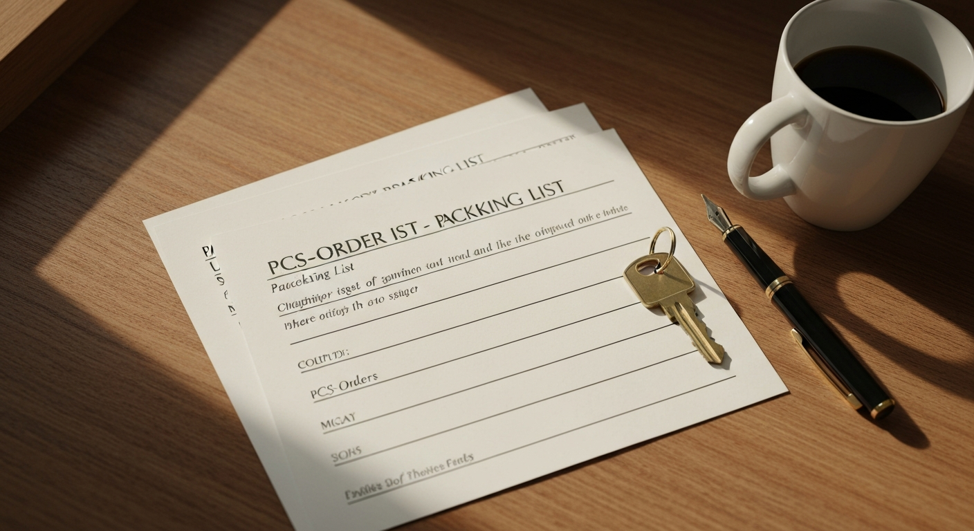 PCS-style documents layered with a packing list a key and a fountain pen on a wooden desk
