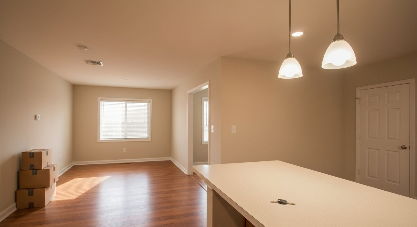 Freshly-painted rental home interior with stacked moving boxes and keys on the counter