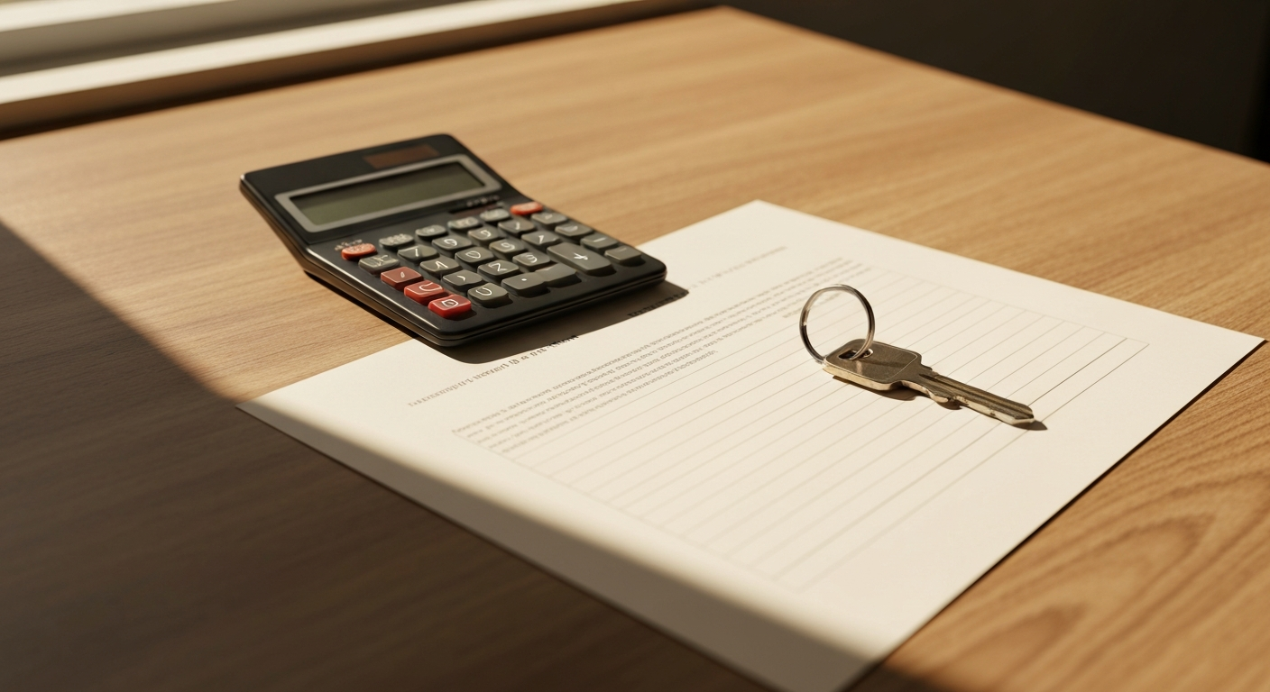 Calculator, pay document printout, and house keys on a clean wooden desk with warm natural window light