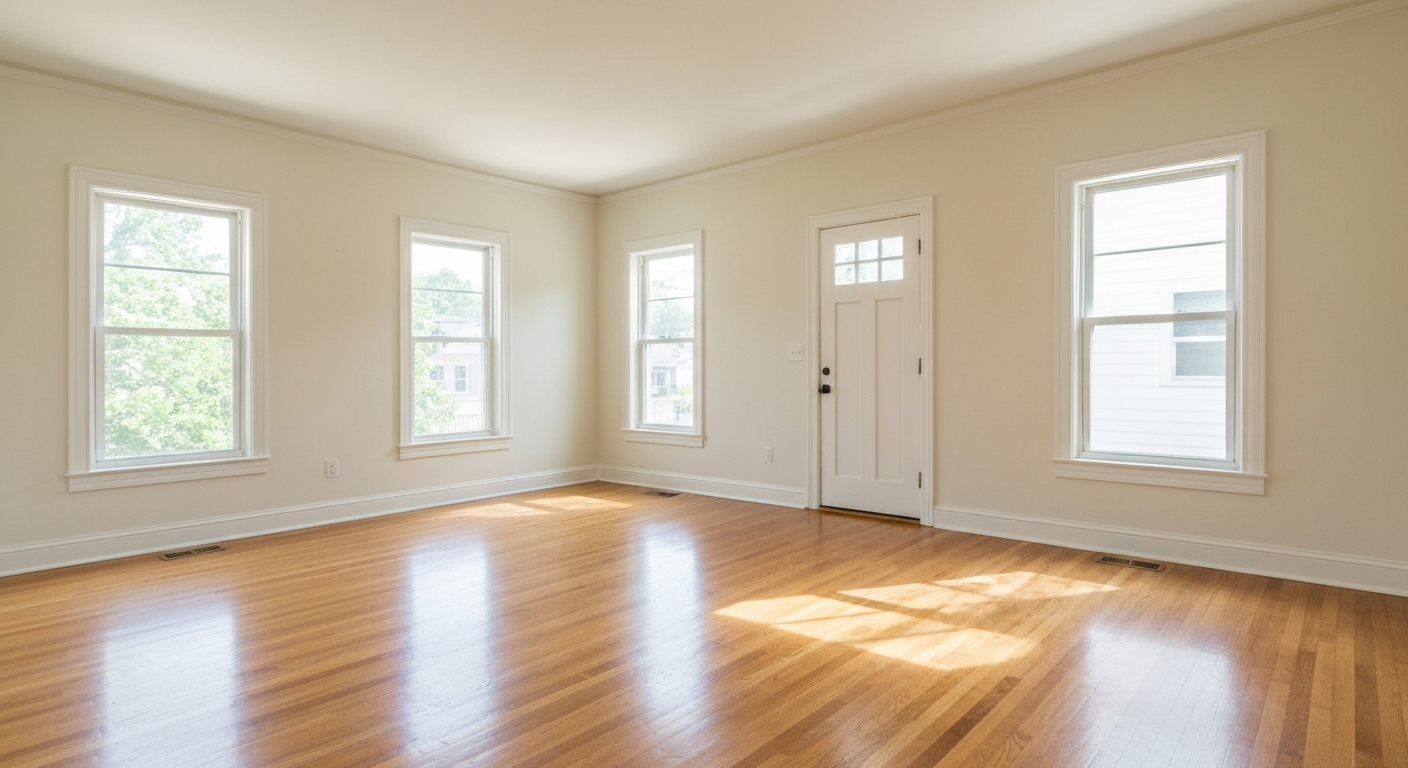 Clean empty rental home living room with hardwood floors, bright windows, freshly painted white walls ready for tenants