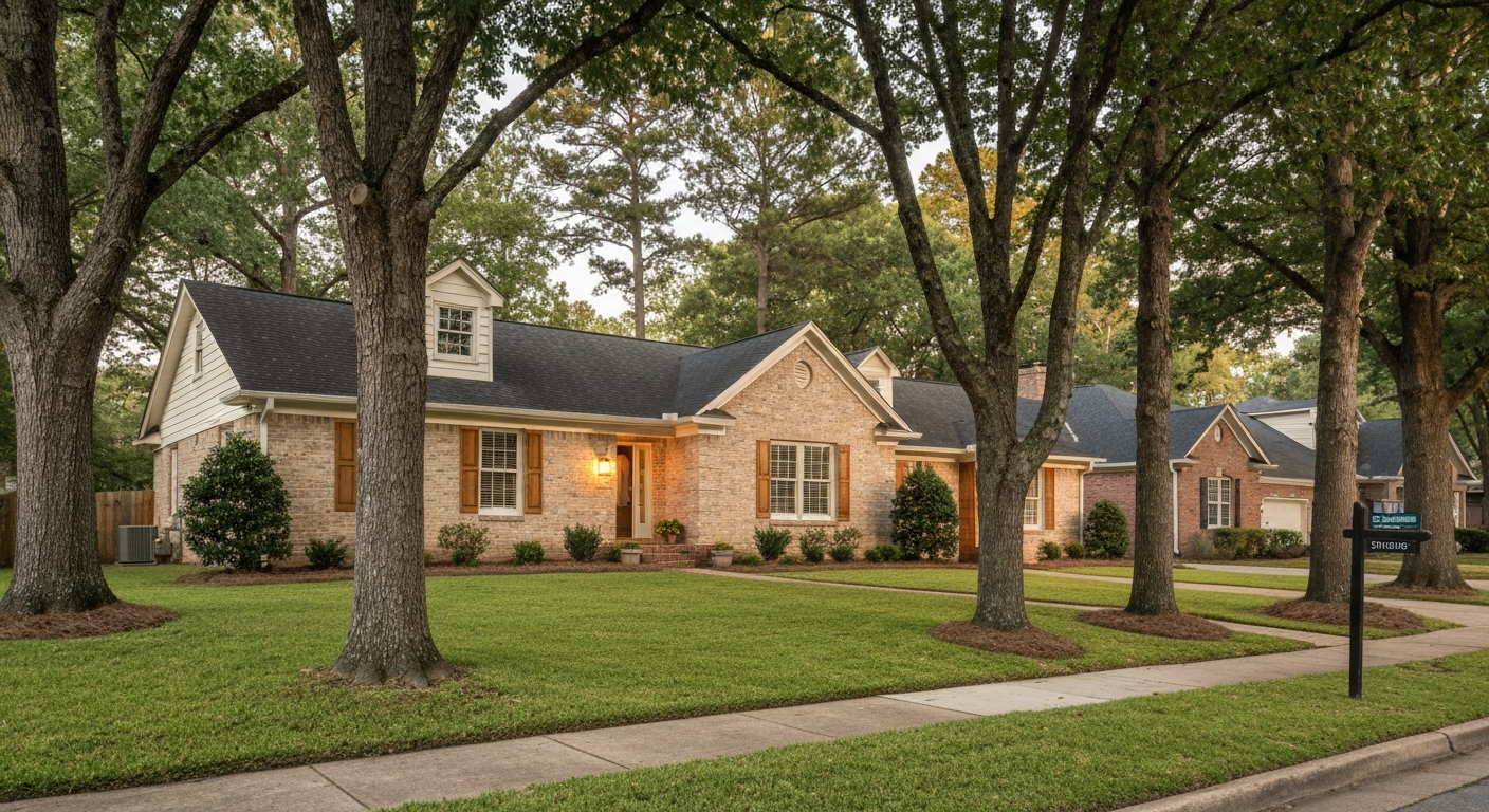Brick ranch home on a tree-lined Evans Georgia residential street, late-afternoon golden hour light, manicured lawn, no people visible