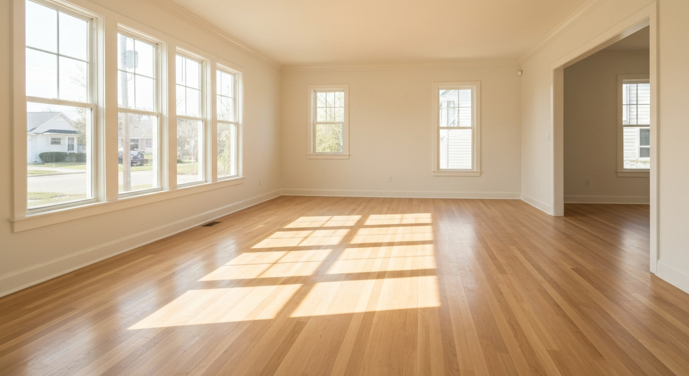 Clean empty living room interior with hardwood floors and natural light through windows in a well-maintained CSRA rental home