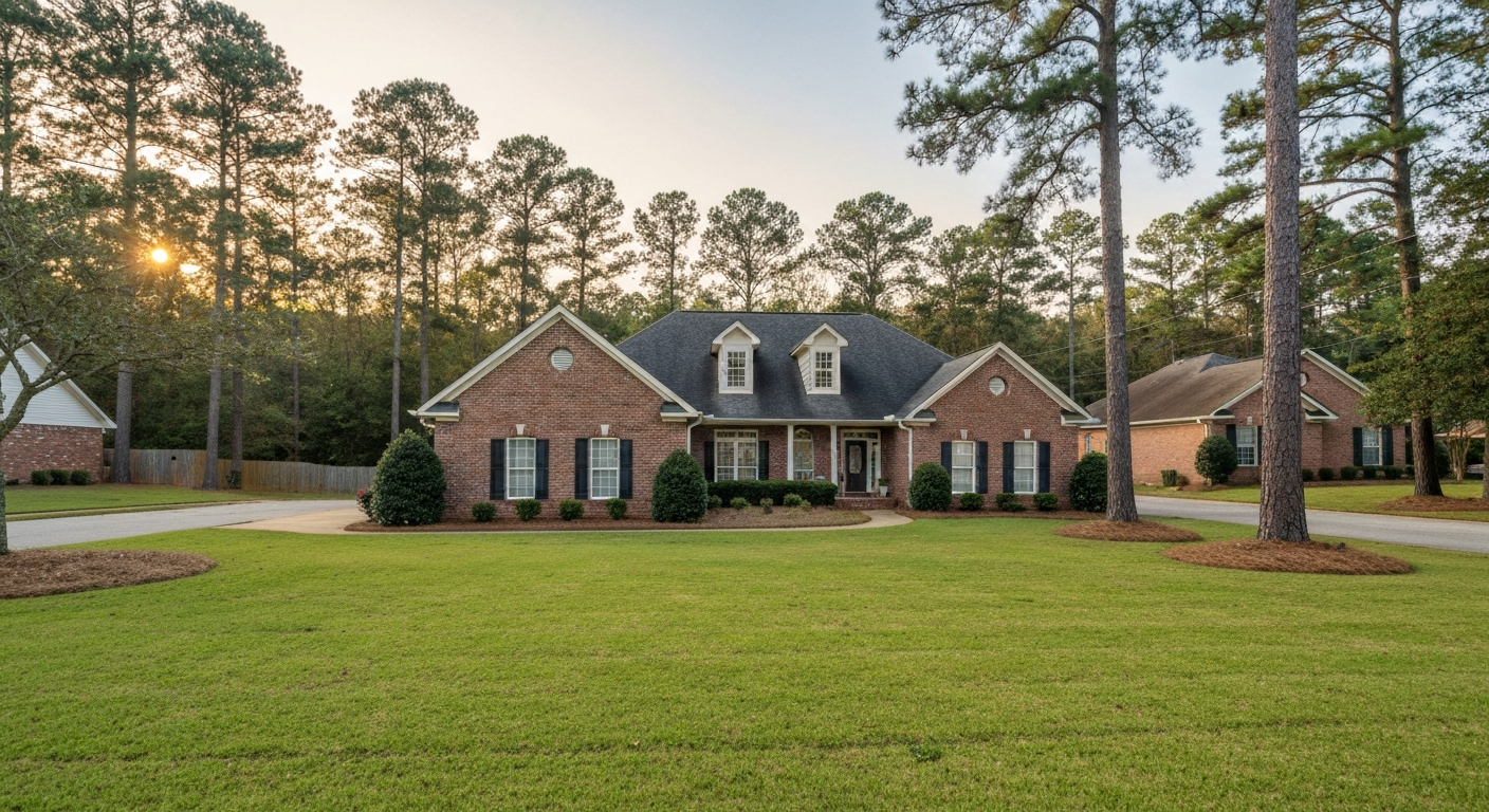 Brick ranch home on a tree-lined Evans Georgia residential street at late-afternoon golden hour, manicured front lawn, no people visible