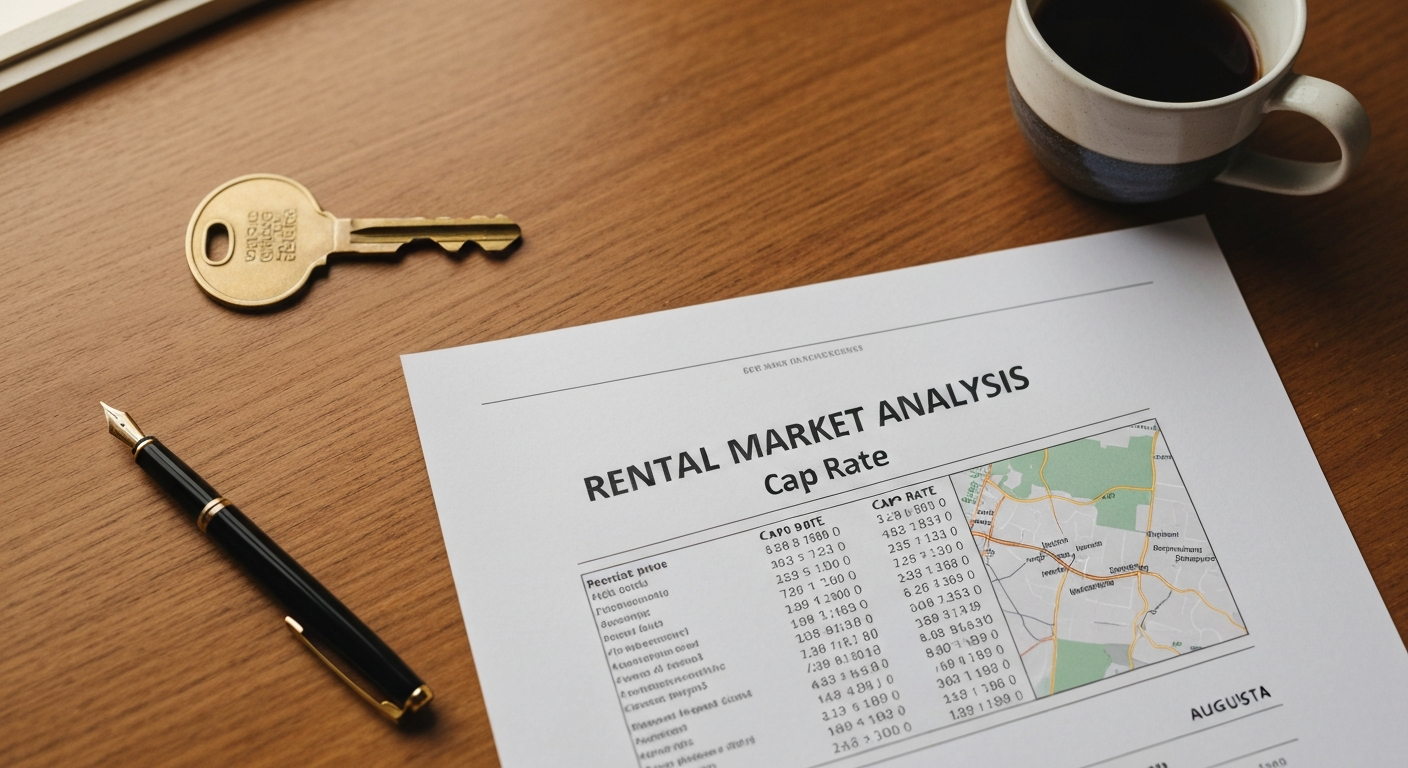 An investor's desk showing a printed Augusta-area rental analysis, a brass key on a small model home, fountain pen, and coffee mug in warm window light
