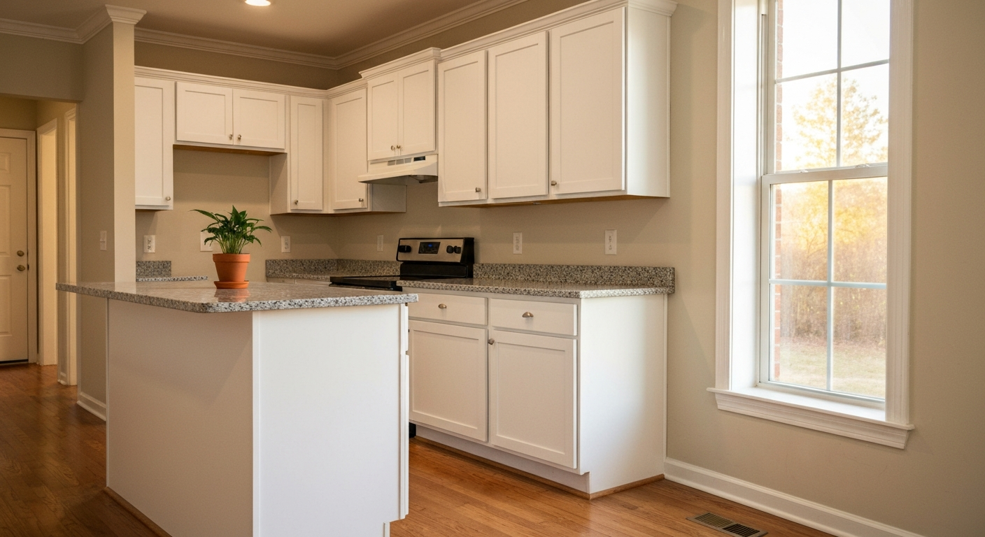 A clean freshly renovated rental kitchen interior with hardwood floors, white shaker cabinets, granite counters, and warm afternoon light