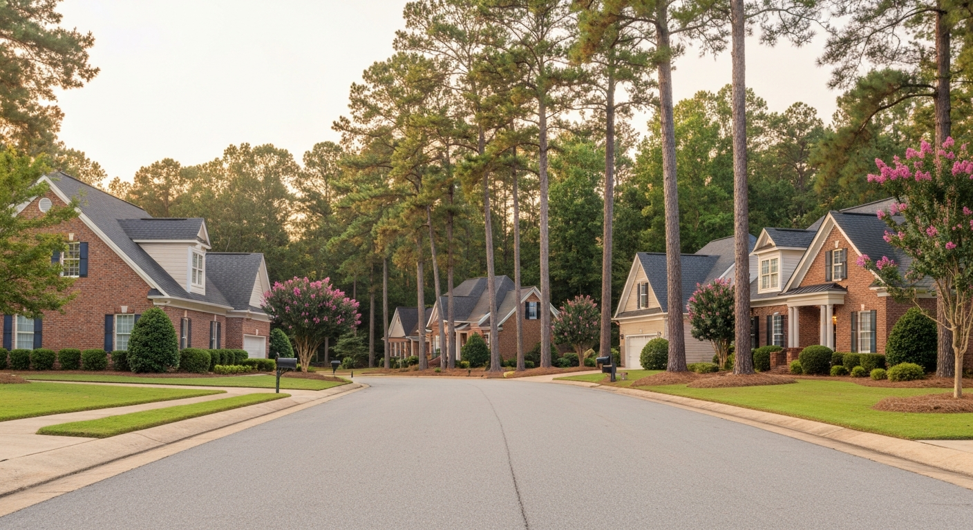 Established single-family residential street in a Columbia County, Georgia subdivision at golden hour