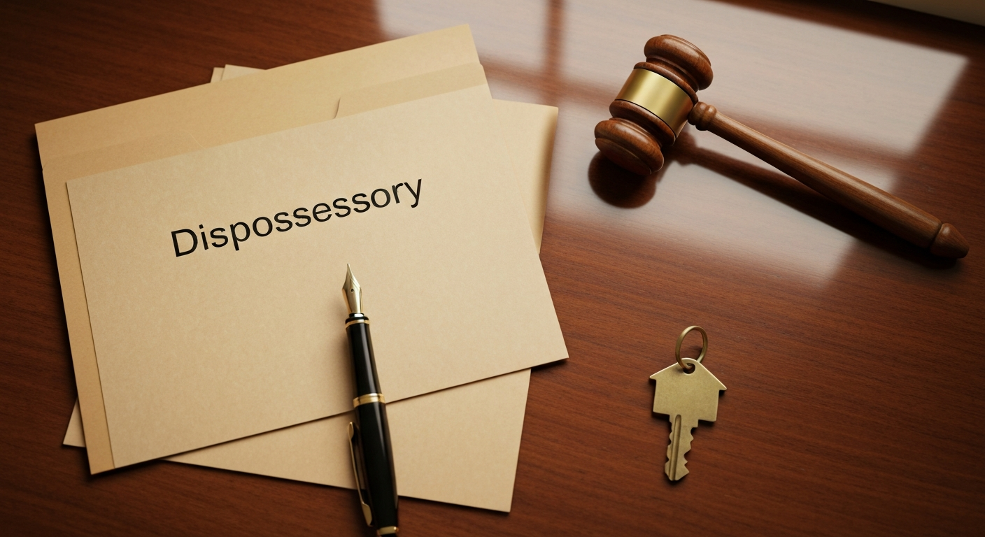 A manila folder marked Dispossessory with a wooden gavel and a brass key on a polished desk
