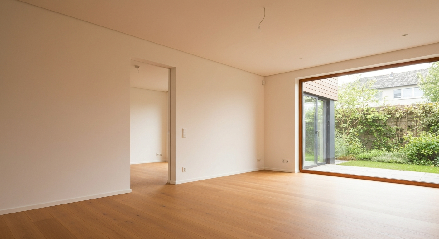 Empty rental home interior with hardwood floors and a set of keys left behind on the floor