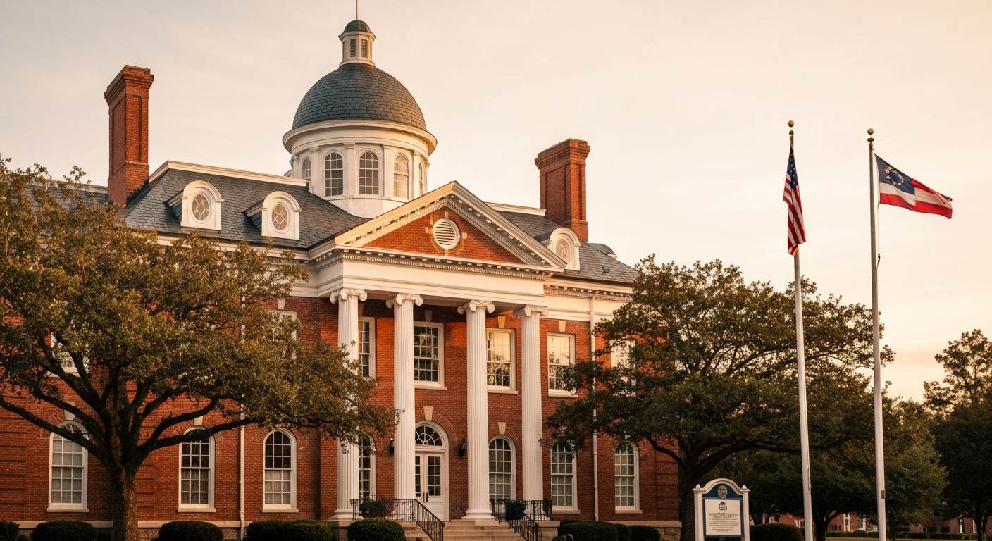 Stately red-brick Georgia courthouse exterior at golden hour with American and Georgia flags