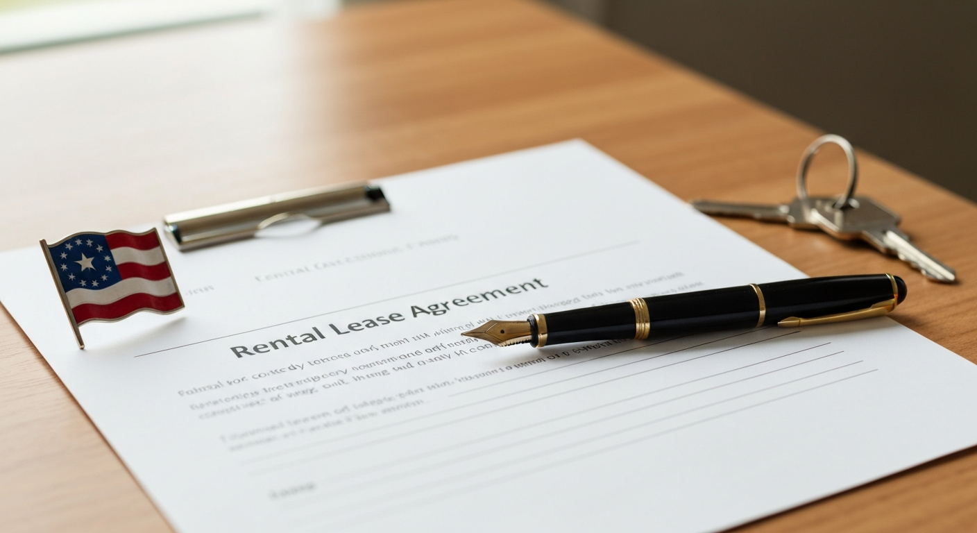 Rental lease agreement and fountain pen on a wooden desk with a set of house keys in warm natural light
