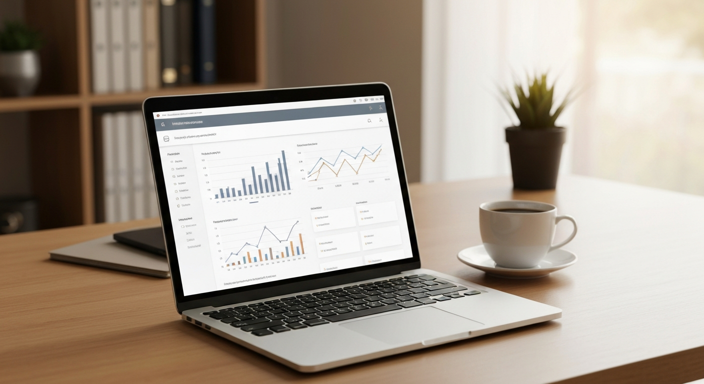 Open laptop showing property management dashboard on a wooden desk with a cup of coffee in warm home office light
