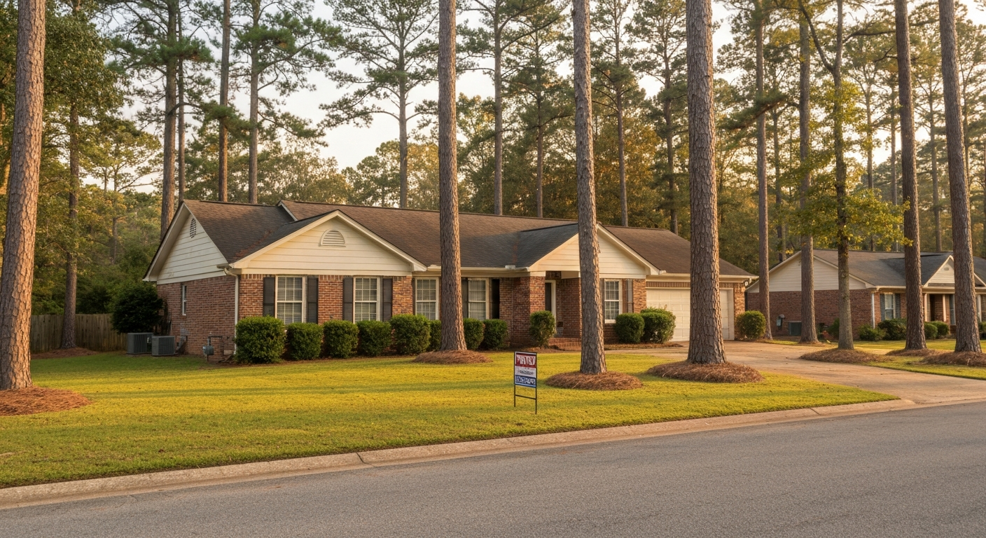 Well-maintained brick ranch home on a tree-lined Evans Georgia residential street in warm late-afternoon golden light
